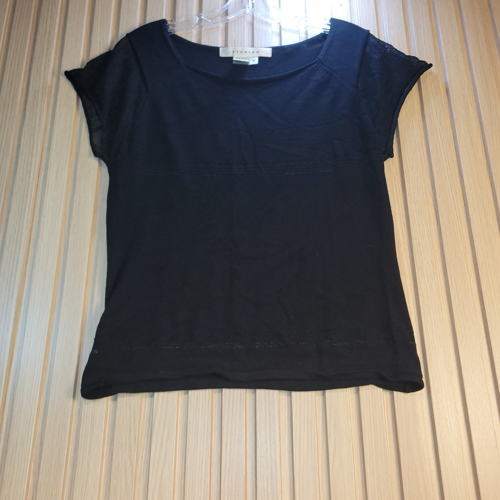 Studio M Womens Black Knit Top Sheer Mesh Cap Sleeve Boat Neck 3M10495 Size M